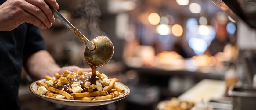 Hot brown gravy being poured from a metal ladle onto crispy french fries topped with white cheese curds in a professional street food kitchen with visible rising steam