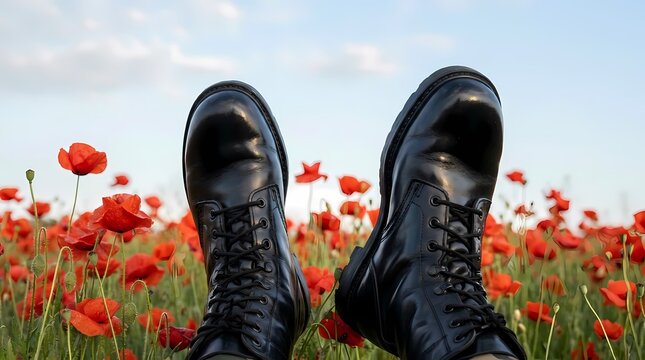 Black leather combat boots in red poppy field.