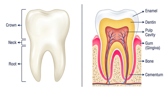 Anatomical diagram of human tooth structure and layers with cross section