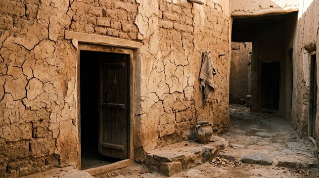 Old cracked mud brick wall with doors