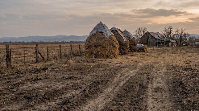 Person standing near traditional beehive in dry field