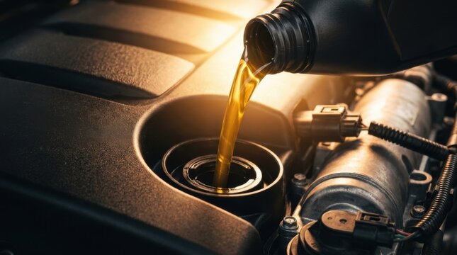 Pouring motor oil into a car engine