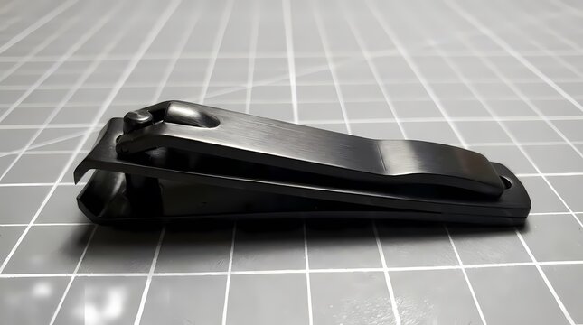 Black metal nail clippers on grid surface.