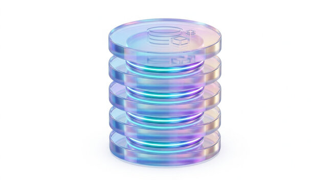 A sleek, futuristic, and ethereal 3D rendered holographic data stack object crafted from translucent iridescent glass, vertically composed with vibrant glowing, isolated on transparent background.