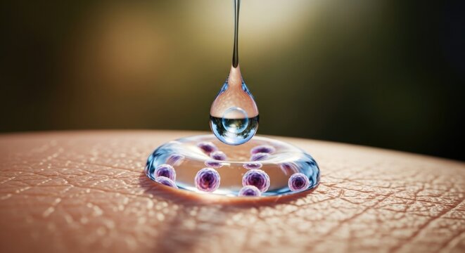 Dermal immunization process: liquid drop, human skin, active substance, preventative medicine, microscopic pathogen, vaccination fluid, health protection, cellular defense.