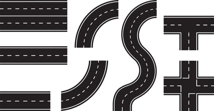 Set of asphalt road segments with curves intersections and straight lanes for map design vector illustration