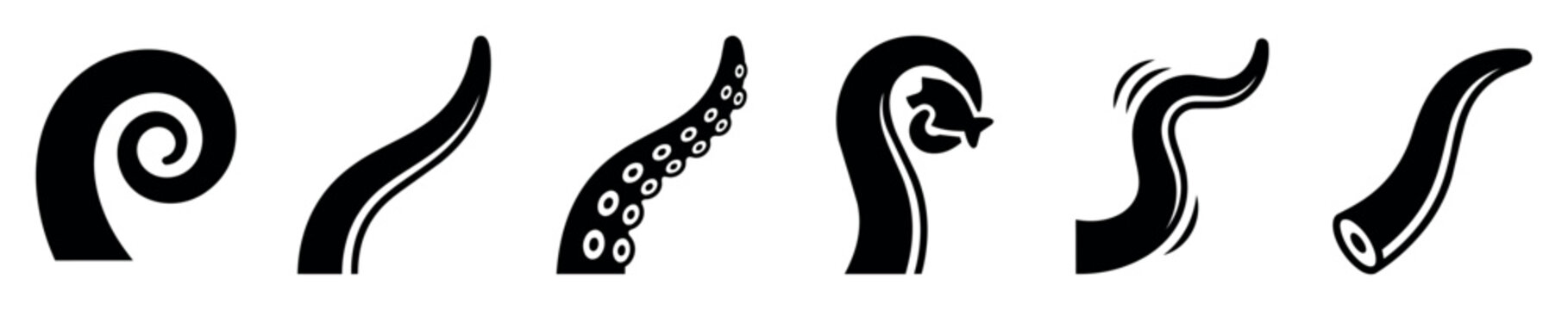 Set of isolated black vector illustrations of various tentacles and arms including spiral, curved, suction cup, and stylized octopus tentacle shapes for design and decoration