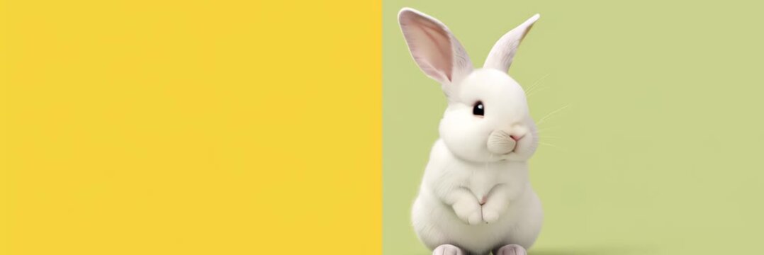 White Easter bunny jumping beside yellow copy space, playful motion, spring celebration, website banner with copy space for text