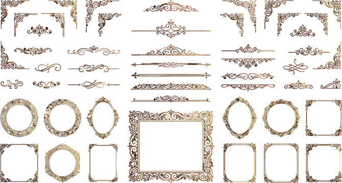Set of ornate golden vintage frames and decorative flourishes for elegant wedding invitations and luxury stationery design