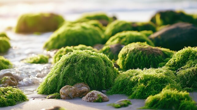Vibrant green sea moss (Ulva lactuca) gracefully adorns coastal rocks, glistening under the gentle kiss of sunlight and ocean waves, a tranquil marine ecosystem scene