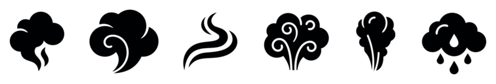 Smoke and vapor icon set with various styles of smoke clouds, steam, and vapor plumes including condensed droplets, vector collection for weather, pollution, and steam illustration