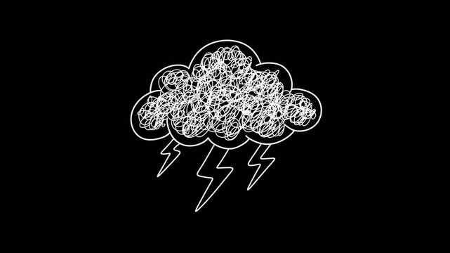 Hand drawn white scribble storm cloud with lightning bolts drawn from messy chaotic lines. For depression, anxiety, stress, negative thoughts, seamless loop overlay on a transparent background.