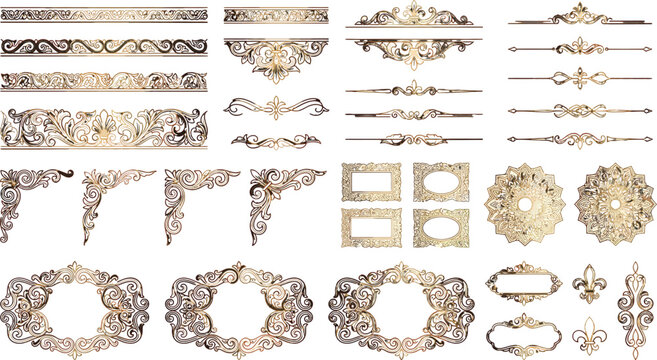 Set of vintage golden ornate borders corners frames and dividers for luxury wedding invitation card design vector