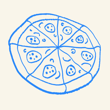 Blue Crayon Hand Drawn Pizza Slice. Childish Doodle Italian Fast Food Sketch. Cute Naive Pizza Drawing in Kids Crayon Style Vector Illustration