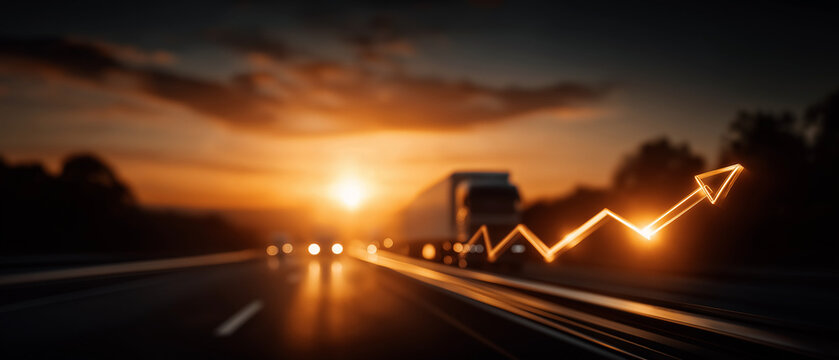 Rising Logistics: A semi-truck travels down a highway towards a dramatic sunset, symbolizing the growth and upward trend in the logistics industry with a glowing arrow graph.