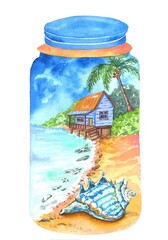 watercolor illustration of sandy beach,bungalow on stilts,sea,shells in glass jar.Coastal hut or beach Shack on shore with colorful beach themed embellishments.template for seaside holiday leaflets © Helen Pitt