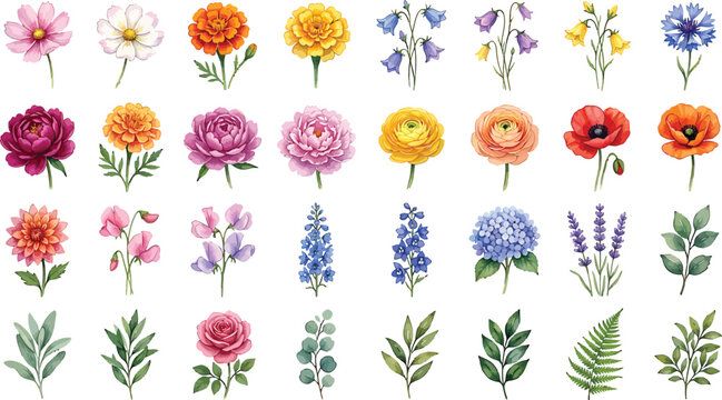 Watercolor floral collection featuring diverse garden flowers and green foliage elements isolated on white background vector illustration