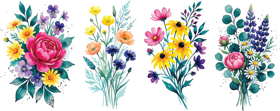 Watercolor floral bouquet collection featuring vibrant spring wildflowers and garden blossoms in a decorative botanical set