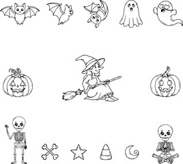 Obraz premium Kawaii Halloween line art collection with spooky ghosts bats witch pumpkin lanterns and skeletons isolate