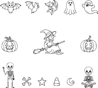 Kawaii Halloween line art collection with spooky ghosts bats witch pumpkin lanterns and skeletons isolate