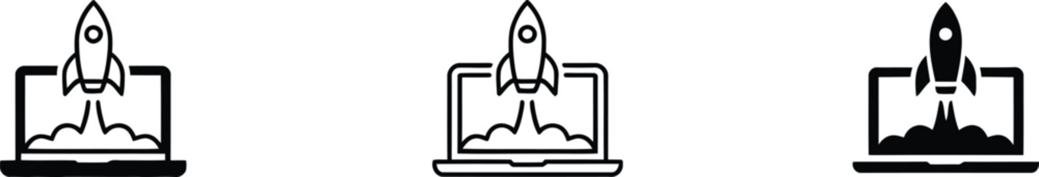 Rocket launch from a laptop screen icons representing business startup and growth