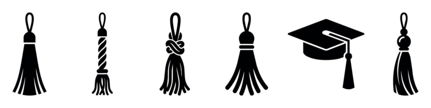 Set of decorative tassel vectors and graduation cap illustration, collection of hanging ornamental tassels with various knot styles and braided designs, black silhouette icons