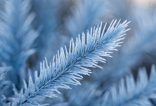 Frost crystals on single dried grass blade macro with blue bokeh
