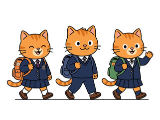 Three adorable cartoon ginger tabby cats wearing school uniforms and carrying backpacks, walking together happily.
