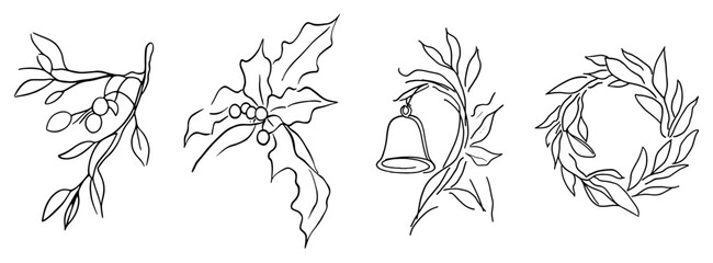 Fototapeta premium Christmas floral design elements with wreath bell and holly in line art style