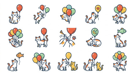 Playful Cats with Colorful Balloons Illustration. © Te
