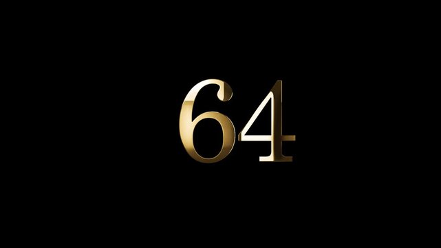 Number 64 in gold style with gold particles and transparent background, sixty four