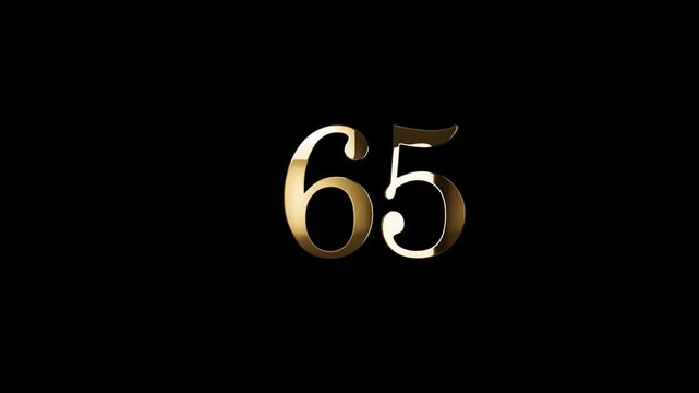 Number 65 in gold style with gold particles and transparent background, sixty five