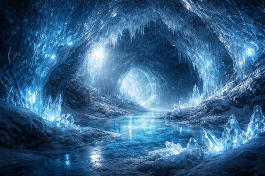 Glowing blue crystal formations inside frozen ice cave with icy river and bright doorway