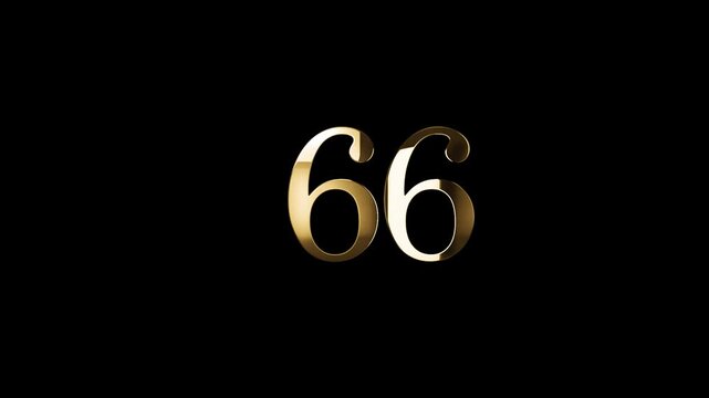 Number 66 in gold style with gold particles and transparent background, sixty six