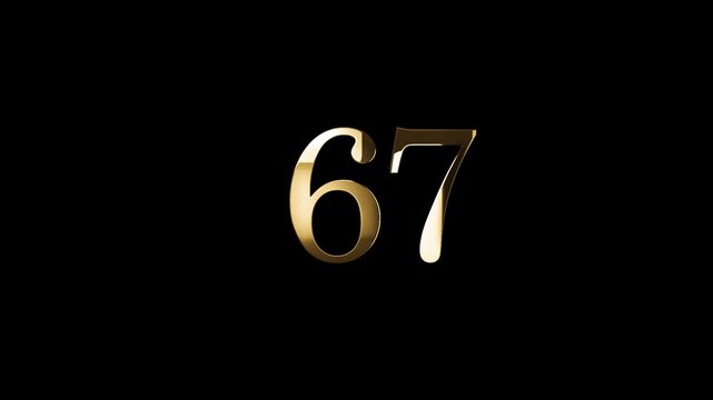 Number 67 in gold style with gold particles and transparent background, sixty seven