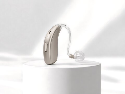 Modern silver hearing aid on white pedestal. Discreet audio assistive device for hearing loss and clarity enhancement.