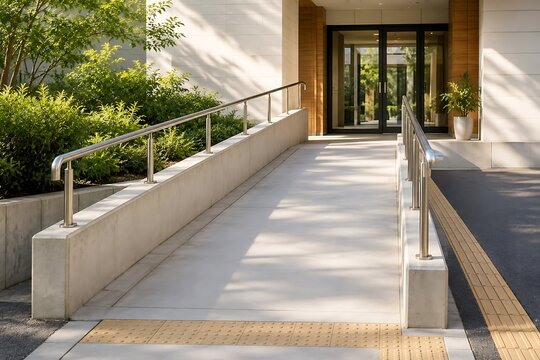Modern wheelchair ramp leading to building entrance. Accessible pathway for disability inclusion and universal design compliance.