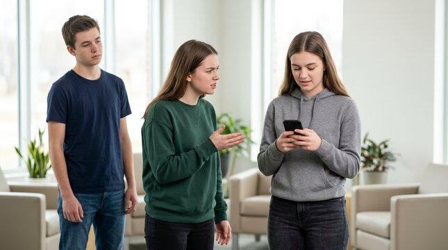 Teenagers arguing about smartphone usage in a lounge. Frustrated girl gesturing at her friend ignoring her while looking at a mobile phone. Social conflict and technology addiction concept