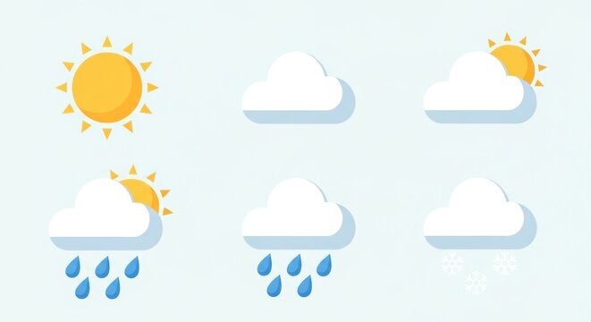 Weather Forecast Icons Set with Sun and Clouds.