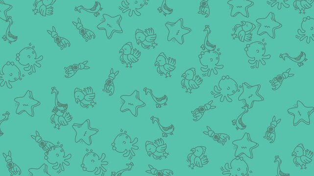 Starfish patterns decorate this seamless teal background featuring whimsical hand-drawn aquatic illustrations.