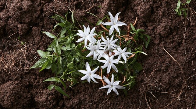 Freshly picked white jasmine flowers with vibrant green leaves rest delicately on rich, dark brown soil, embodying natural beauty and organic growth overhead