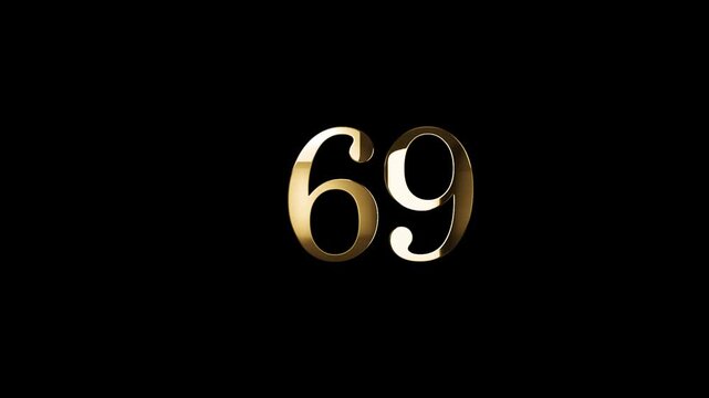 Number 69 in gold style with gold particles and transparent background, sixty nine