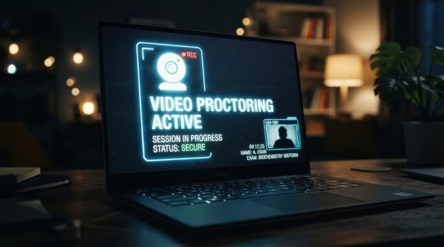 Laptop showing video proctoring active for online exam, security feature.