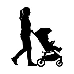 Silhouette of a mother walking with a baby stroller