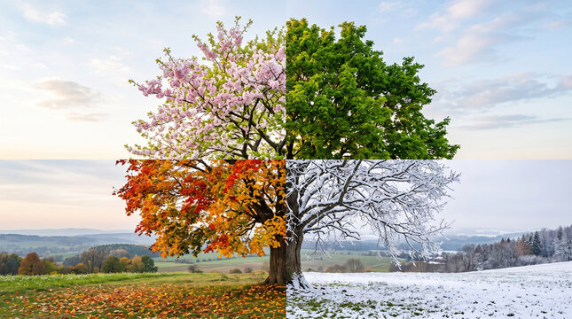 Single majestic tree divided naturally into four seasons, spring blossoms, lush summer leaves, colorful autumn foliage and snowy winter branches, 