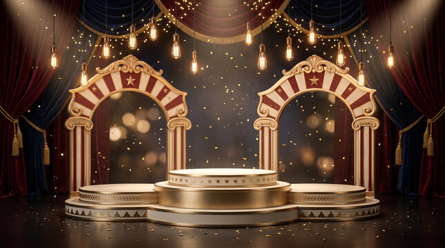 Circus stage product display with podiums velvet curtains vintage bulbs and confetti