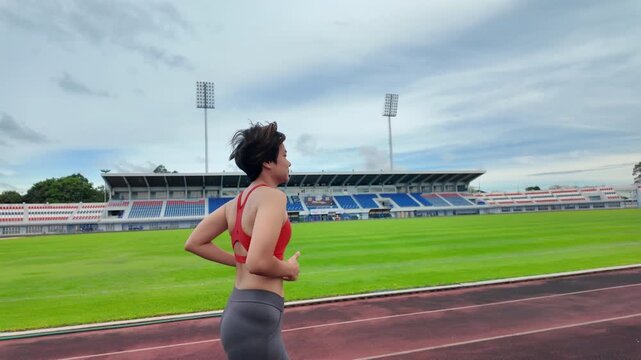 Side view of Asian woman jogging on a stadium track. This outdoor fitness concept highlights a healthy lifestyle, cardiovascular exercise, endurance training, and an energetic daily running routine.