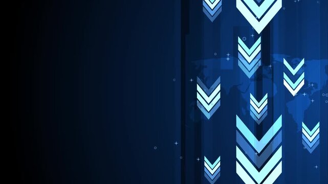 Abstract business background with downward arrows world map and geometric shapes animation