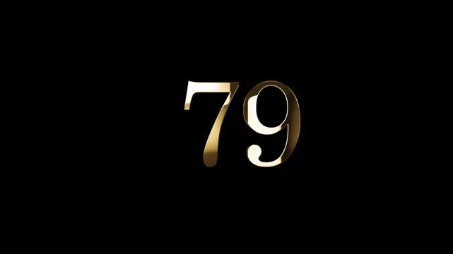 Number 79 in gold style with gold particles and transparent background, seventy nine