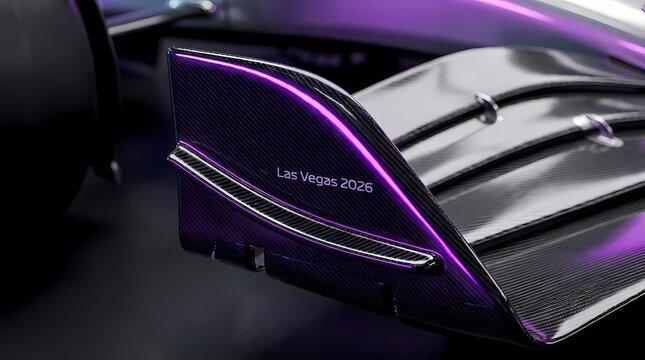 Carbon fiber automotive component with Las Vegas 2026 text.